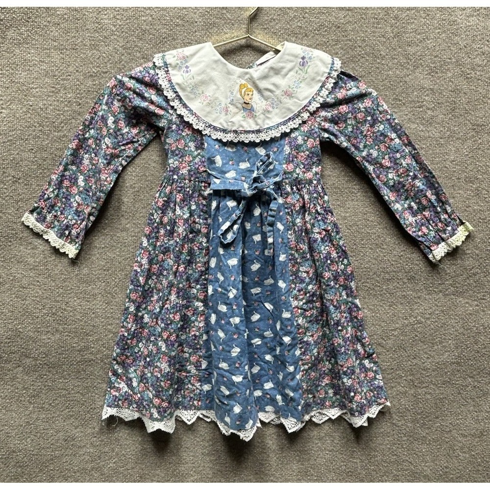 Vintage 90s Disney Cinderella Dress Girls Size 5 Floral Made in USA Lace Trim